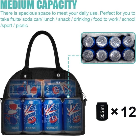 Midnight Black Reusable Insulated Lunch Box Organizer/ Adjustable Shoulder Strap - Picture 3 of 7